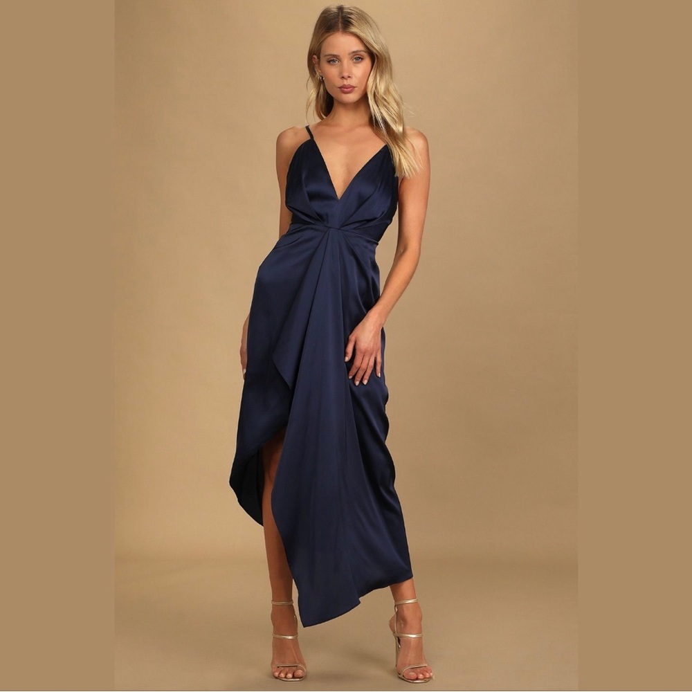 Lulus Caught Feelings Navy Blue Satin Ruffled Midi Dress